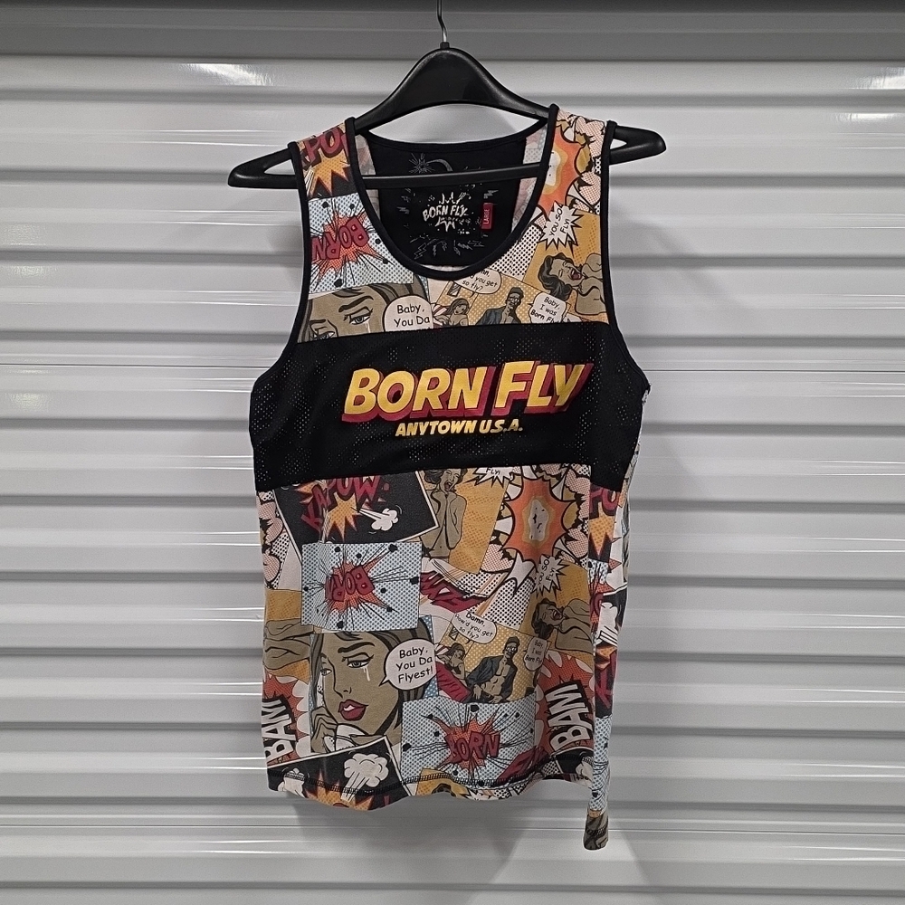 Born Fly Y2K Comic Pop Art Tank Top Graphic Mesh Panel Large (KD)